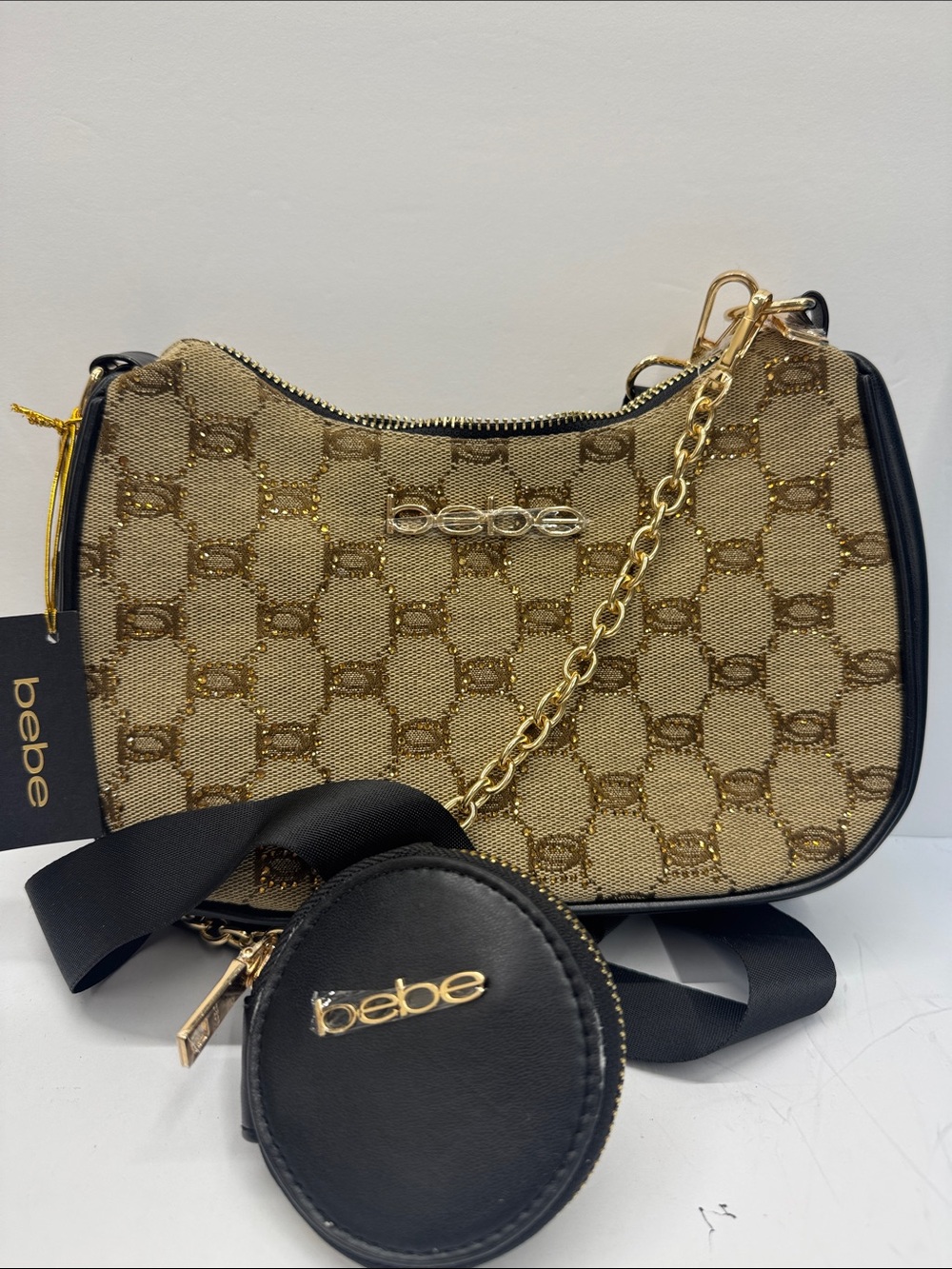 bebe Gold Monogram Crossbody with Black Trim and Coin Pouch New